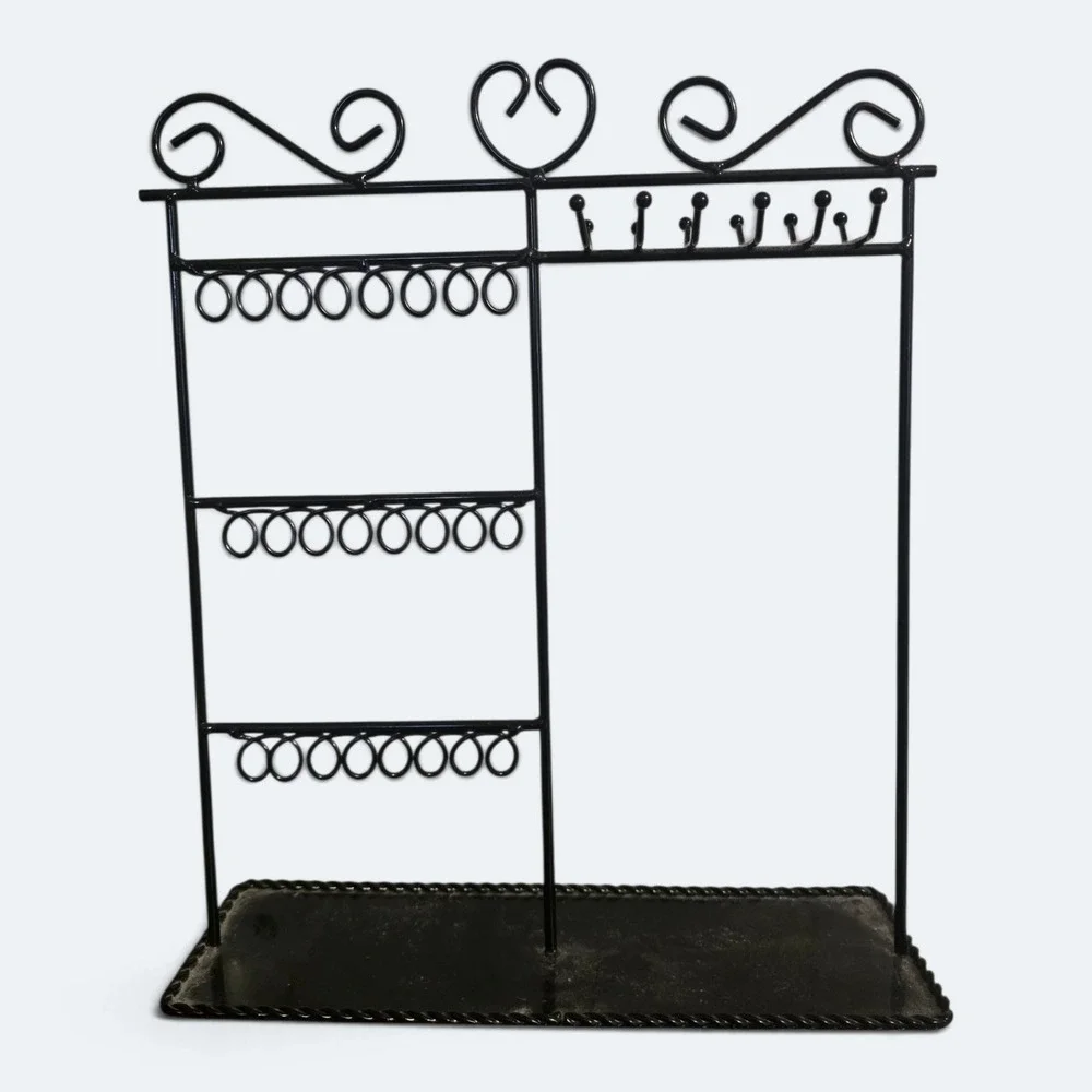 Black Wrought Iron Jewelry Organizer Stand Heart Scroll Earring Necklace Holder
